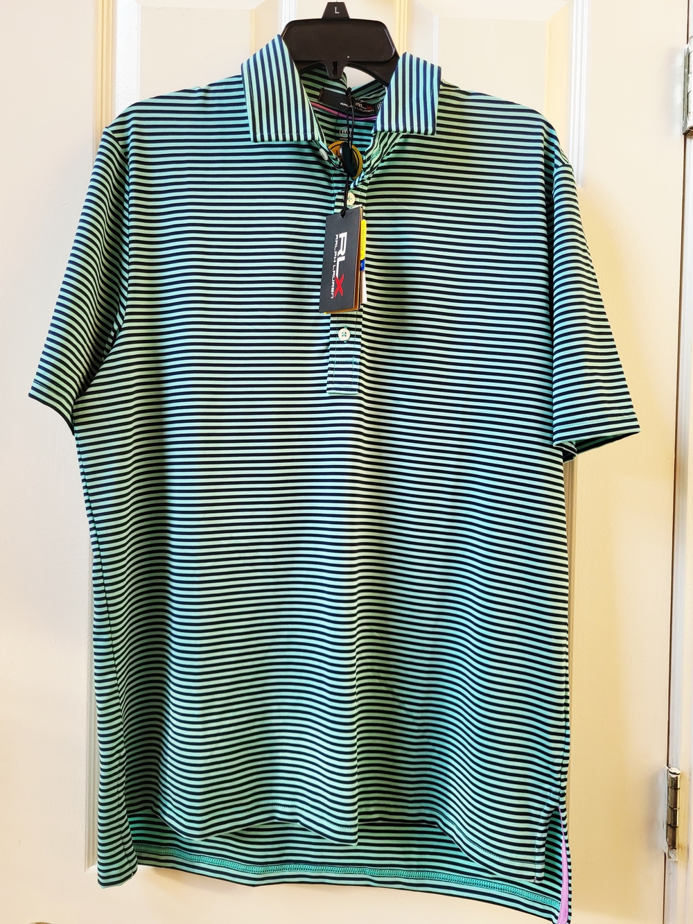 NWT RLX Ralph Lauren Men's Medium Polo Shirt Green Navy Striped Stretch Golf $89